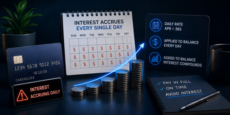 Credit card balance and daily interest concept